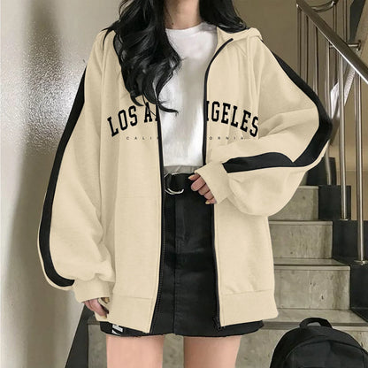 Women's Oversized Zip-Up Hoodie with Typography Graphic Relaxed Streetwear Everyday Style