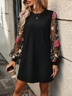 Embroidered Mesh Lantern Sleeve Relaxed Mini Dress with Statement Floral Details