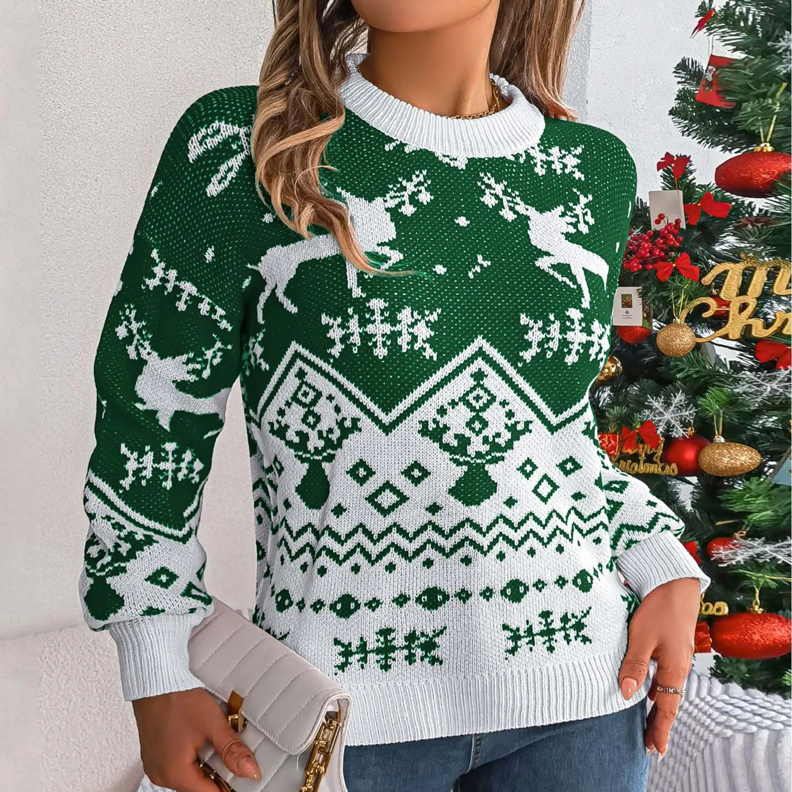 Women's Festive Fair Isle Pattern Crew Neck Relaxed Knit Pullover Sweater