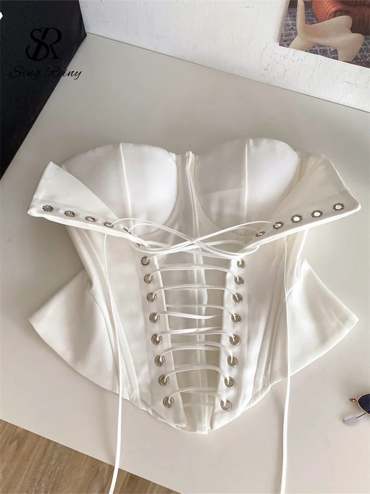 Earthy Brown Strapless Bustier with Fold-Over Sweetheart Bust and Front Lace-Up
