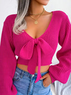 Women's V-Neck Bow Tie Front Cropped Knit Sweater With Relaxed Sleeves