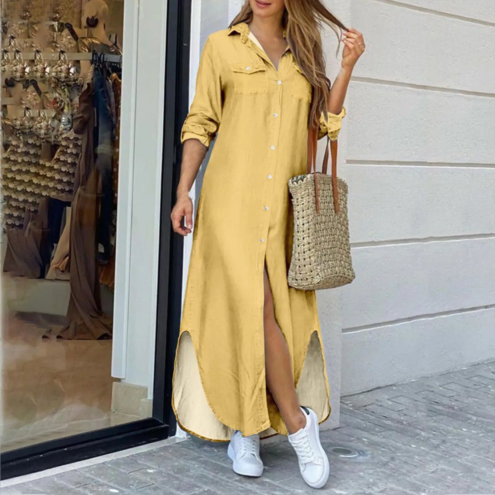 Button Front Shirt Maxi Dress with Relaxed Side Slit Styling