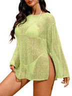 Cream Crochet Beach Cover-Up Dress with Open-Knit Texture, Boat Neck and Relaxed Mini Caftan Silhouette
