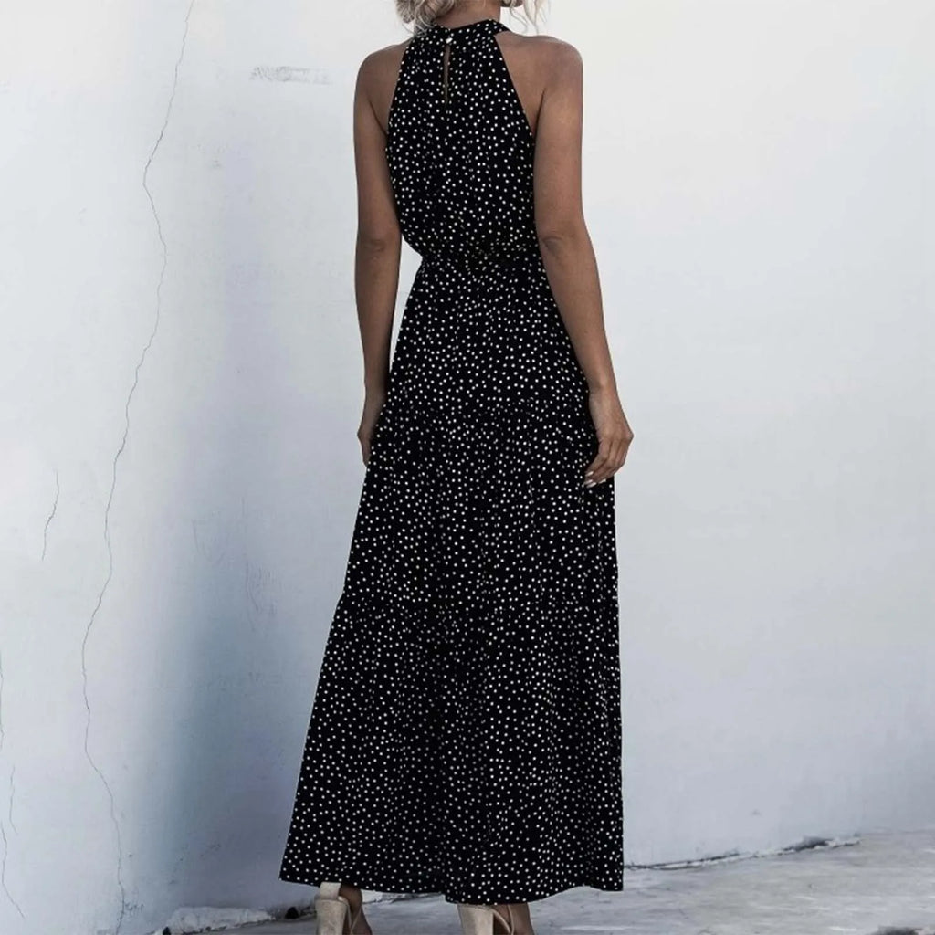 Halter Neck Polka Dot Maxi Dress with Sleeveless A-Line Silhouette