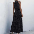Halter Neck Polka Dot Maxi Dress with Sleeveless A-Line Silhouette