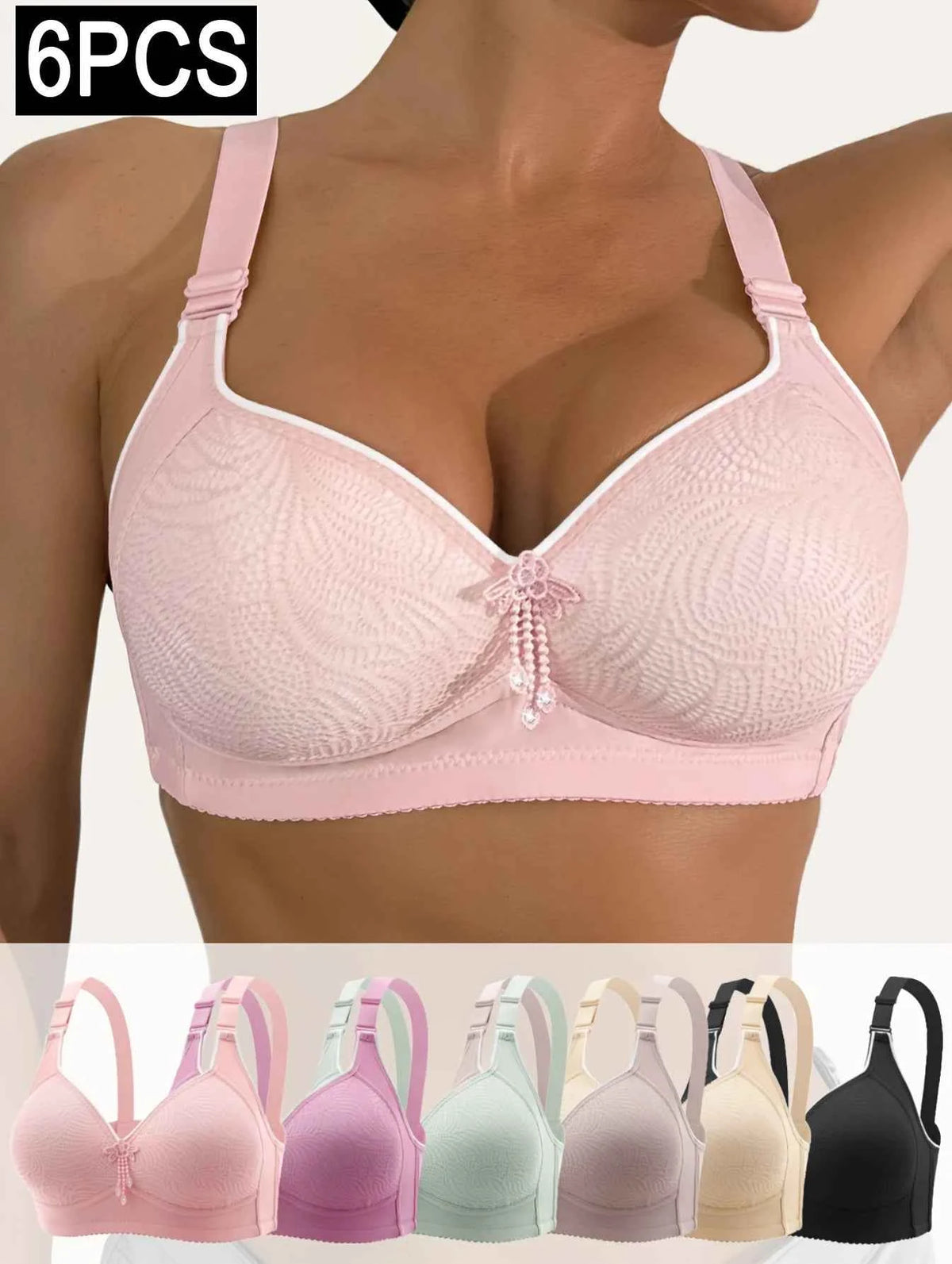 6-Piece Seamless Wireless Padded Bra Set with Adjustable Straps, Soft Pastel Colors and Everyday Styling