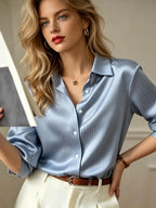 Radiant Golden Yellow Satin-Finish Blouse with Subtle Vertical Stripes