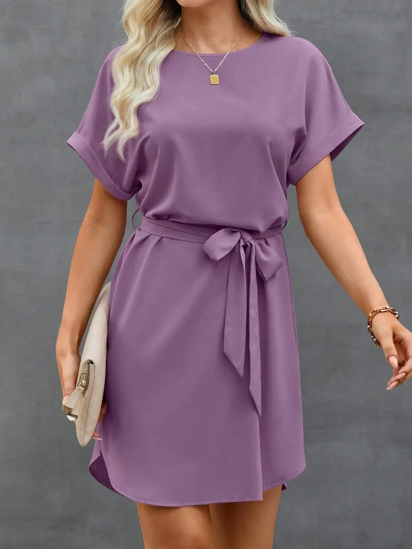 Batwing Sleeve Waist Tie Mini Dress with Relaxed A-Line Silhouette