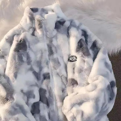 Women's Tie Dye Plush Fleece Zip Jacket with Relaxed Cozy Streetwear Silhouette
