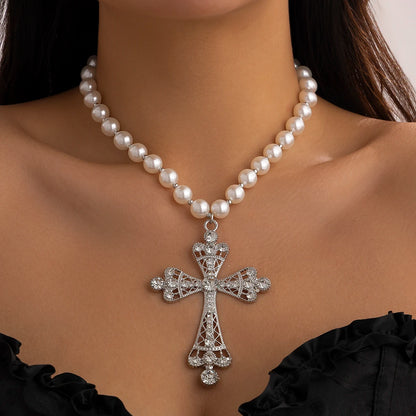 Pearl Cross Layered Choker Necklace for Dark Feminine Gothic Elegance