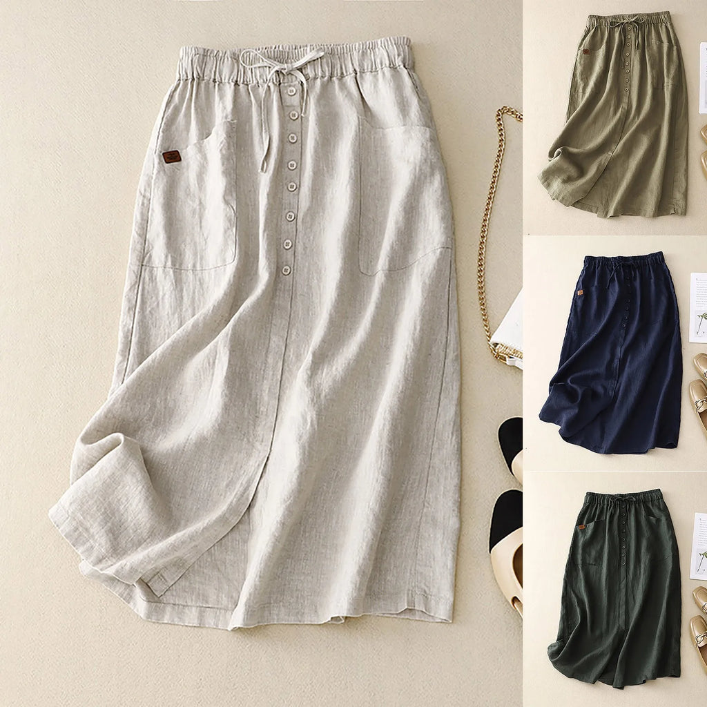 High Waist Button Front A-Line Midi Skirt with Side Slit Casual Everyday Style