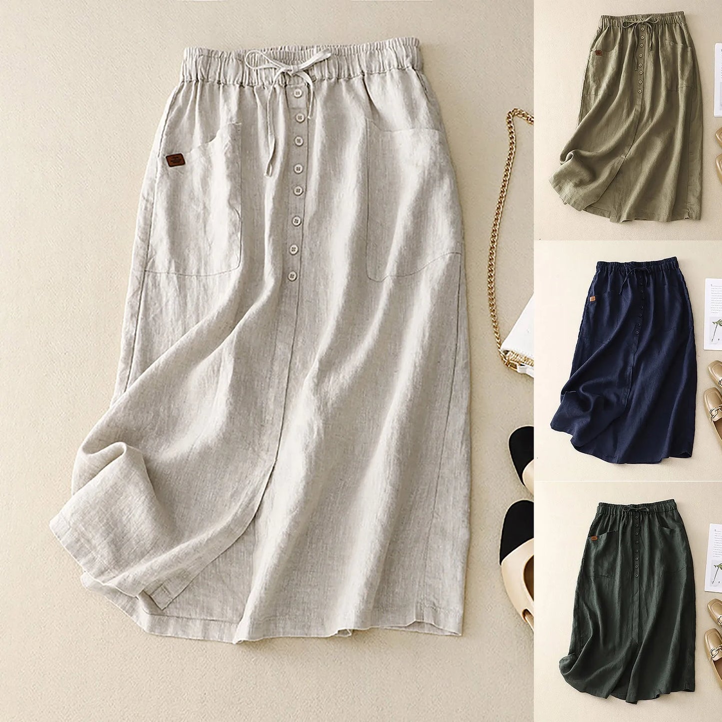 High Waist Button Front A-Line Midi Skirt with Side Slit Casual Everyday Style