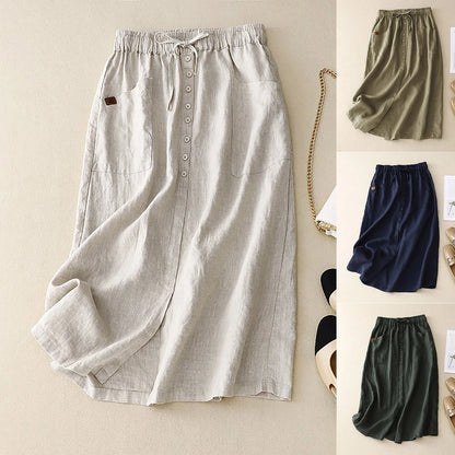 High Waist Button Front A-Line Midi Skirt with Side Slit Casual Everyday Style