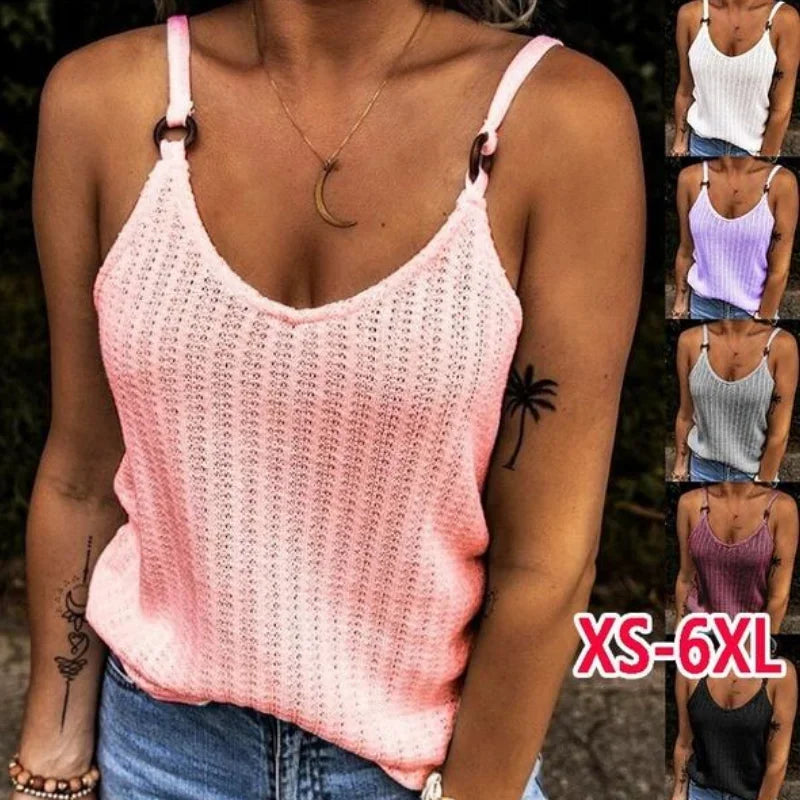 Relaxed Knit Tank Top with Thin Straps Square Neck Contemporary Casual Style