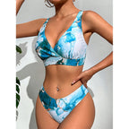 Blue Abstract Print Three-Piece Swimwear Set with Ruched Mini Skirt