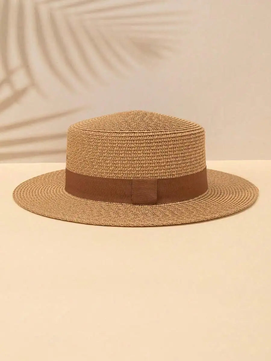 Women's Woven Straw Sun Hat with Decorative Band for Beach Vacation and Casual Wear