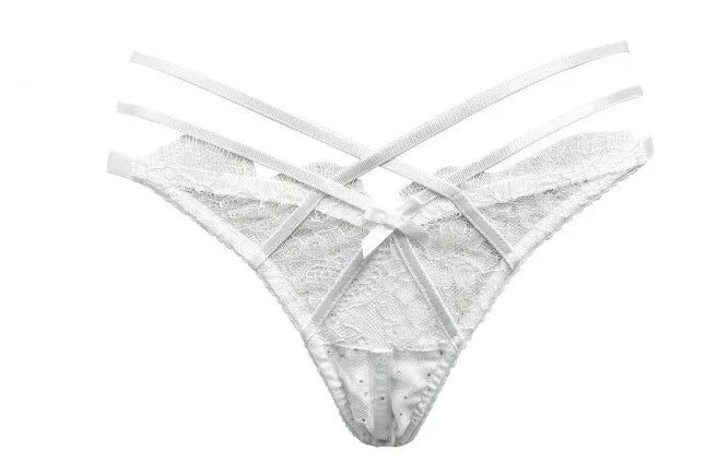 Cross-Tie Lace Mesh Lingerie Set with Adjustable-Strap Push-Up Bra and Matching Sheer-Detail Panty