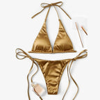 Metallic Satin Halter Bikini Set with High-Cut Bottom, Brazilian-Inspired Silhouette and Shimmering Beachwear Finish
