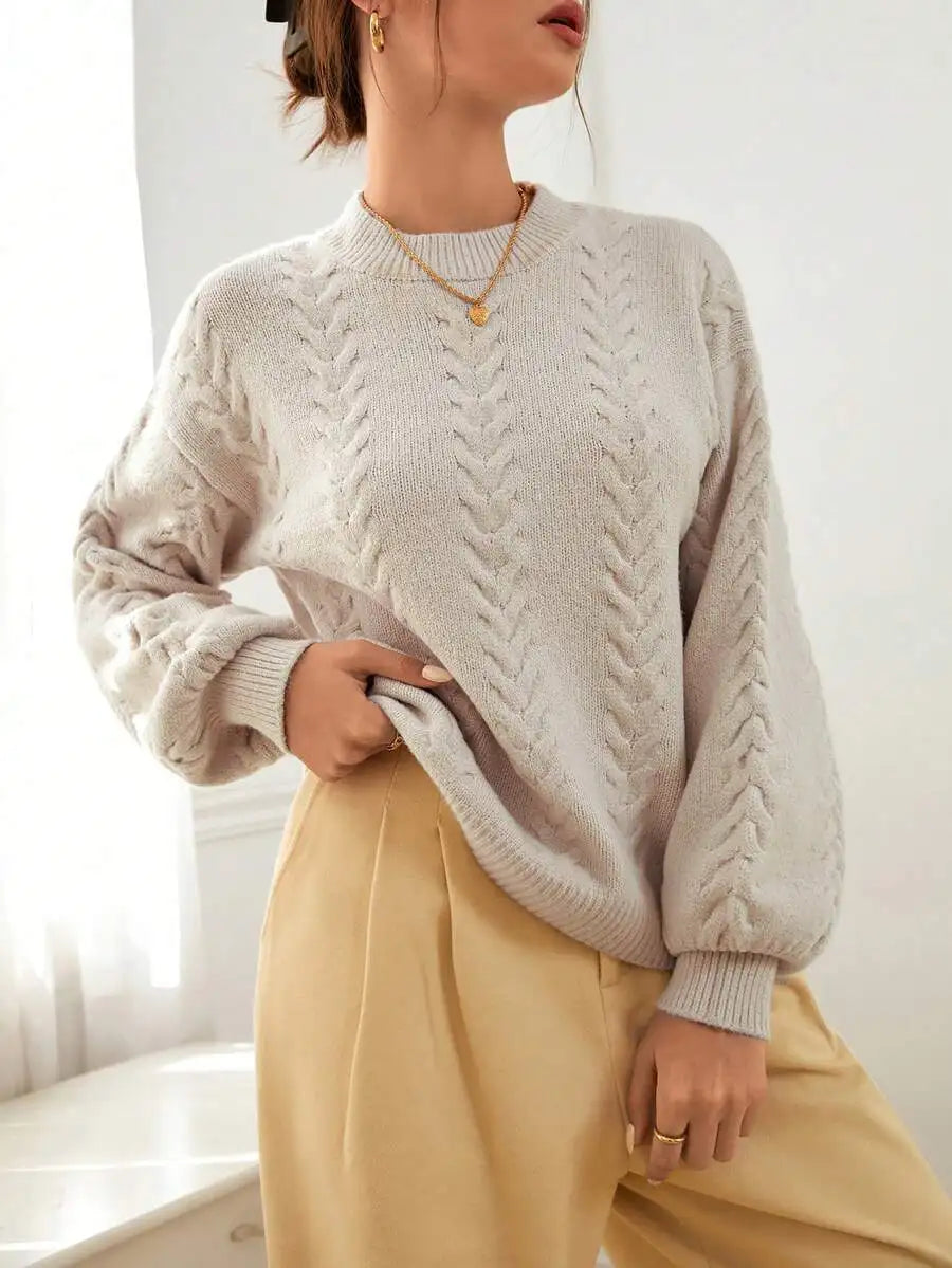 Women's Mock Neck Drop Shoulder Knit Sweater with Relaxed Oversized Silhouette