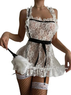 Playful Sheer Floral Lace Halter Apron Chemise with Ruffled Trim and Ribbon Tie