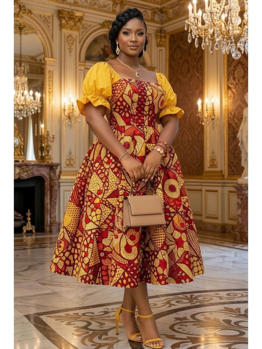 Regal Geometric Print Midi Dress with Contrast Puff Sleeves and Button Bodice