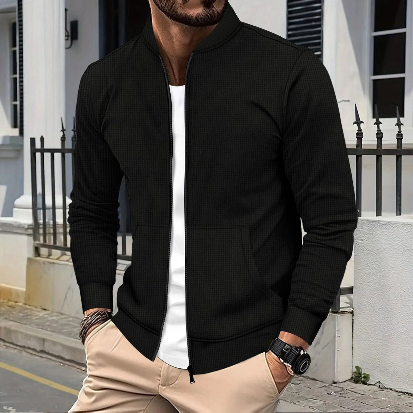 Men's Slim Fit Stand Collar Zip Jacket with Clean Minimalist Streetwear Design