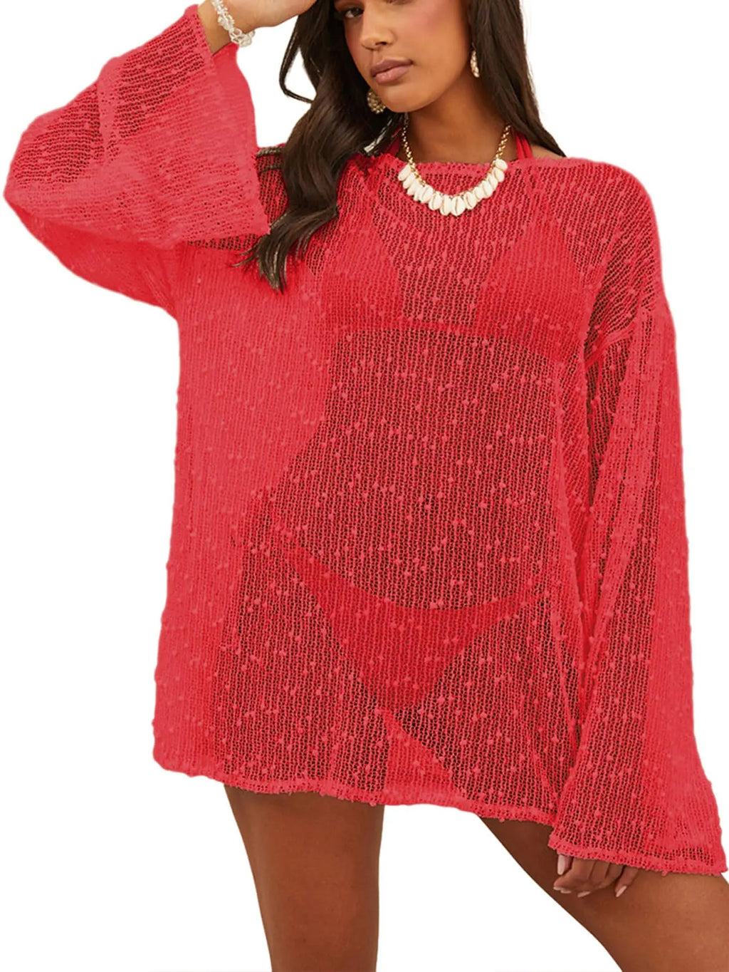 Cream Crochet Beach Cover-Up Dress with Open-Knit Texture, Boat Neck and Relaxed Mini Caftan Silhouette