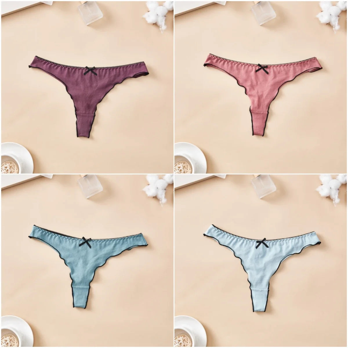 4-Piece Women’s Cotton Low-Rise Thong Panties Set with T-Back Silhouette, Decorative Bow Detail and Assorted Solid Colors