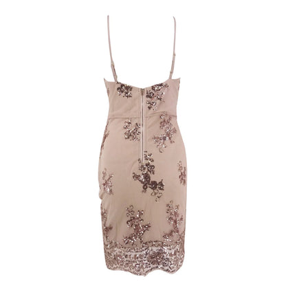 Deep V-Neck Embellished Bodycon Mini Dress with Sleek Fitted Design