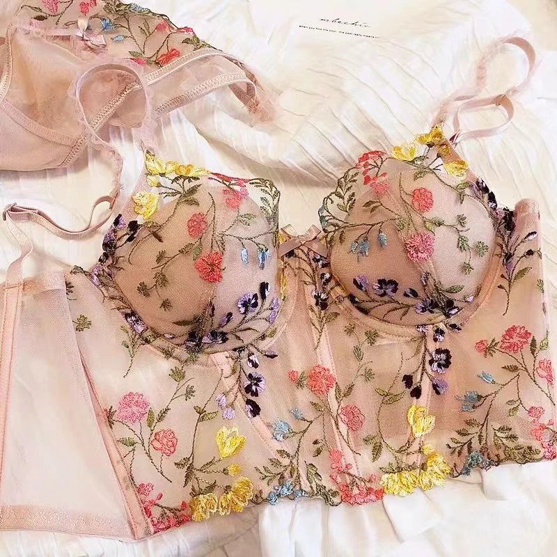 Colorful Floral Embroidery Longline Corset Bra and Panty Set