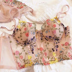 Colorful Floral Embroidery Longline Corset Bra and Panty Set