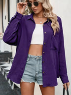 Relaxed Fit Deep Purple Button-Down Blouse with Chest Pocket and Classic Collar