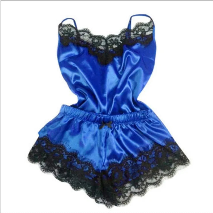 Contrasting Black Lace and Peach Satin-Finish Two-Piece Cami and Shorts Sleep Set
