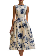 Elegant Blue Floral Print Sleeveless Midi Dress with Pleated Skirt