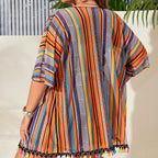 Vibrant Striped Four-Piece Swimwear Ensemble with Flowing Fringed Cover-Up