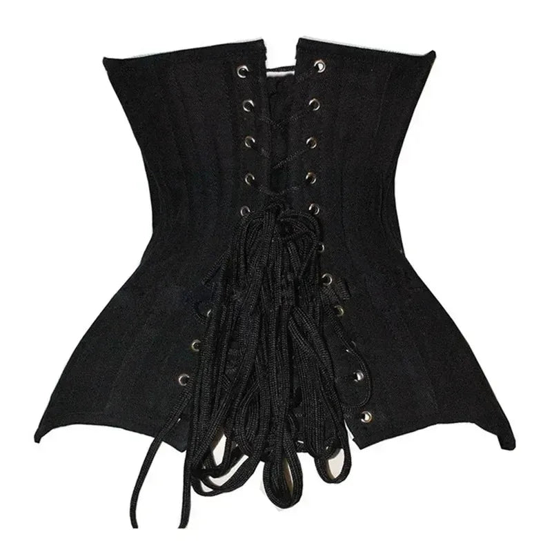 Classic Black Long Torso Underbust Corset with Front Busk Closure and Structured Steel Boning
