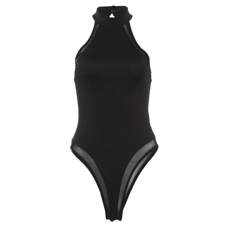 Halter Neck Mesh Panel Bodycon Bodysuit for Alternative Gothic Styling