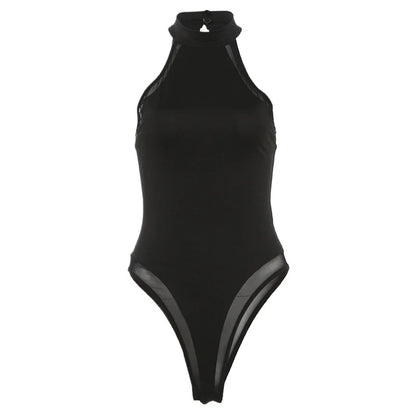 Halter Neck Mesh Panel Bodycon Bodysuit for Alternative Gothic Styling