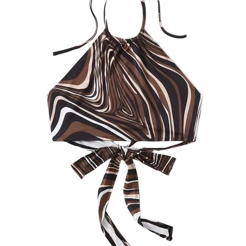 Women's Abstract Print Halter Tie Back Crop Top for Contemporary Summer Streetwear Fashion