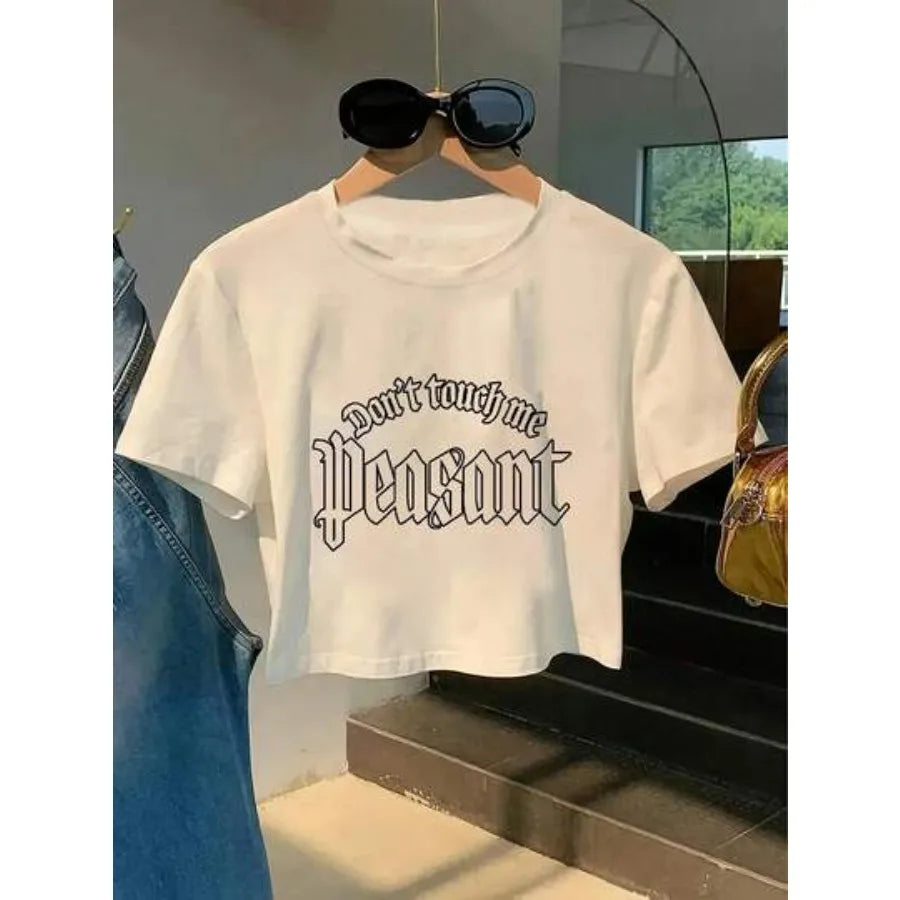 Vintage Typography Baby Tee with Fitted Crop Silhouette and Gothic Influence