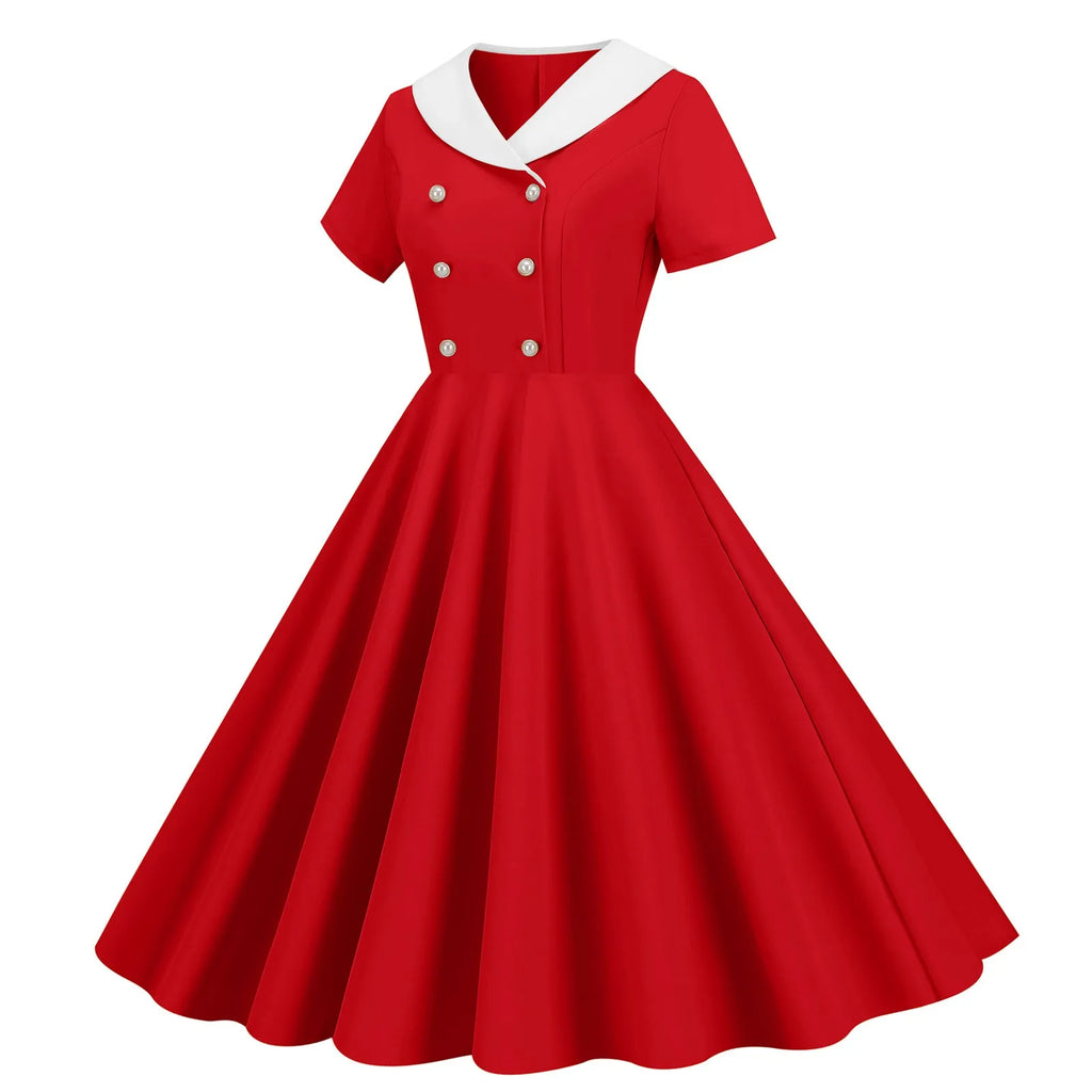 Vintage-Inspired Yellow Swing Dress with Contrast Collar and Decorative Buttons