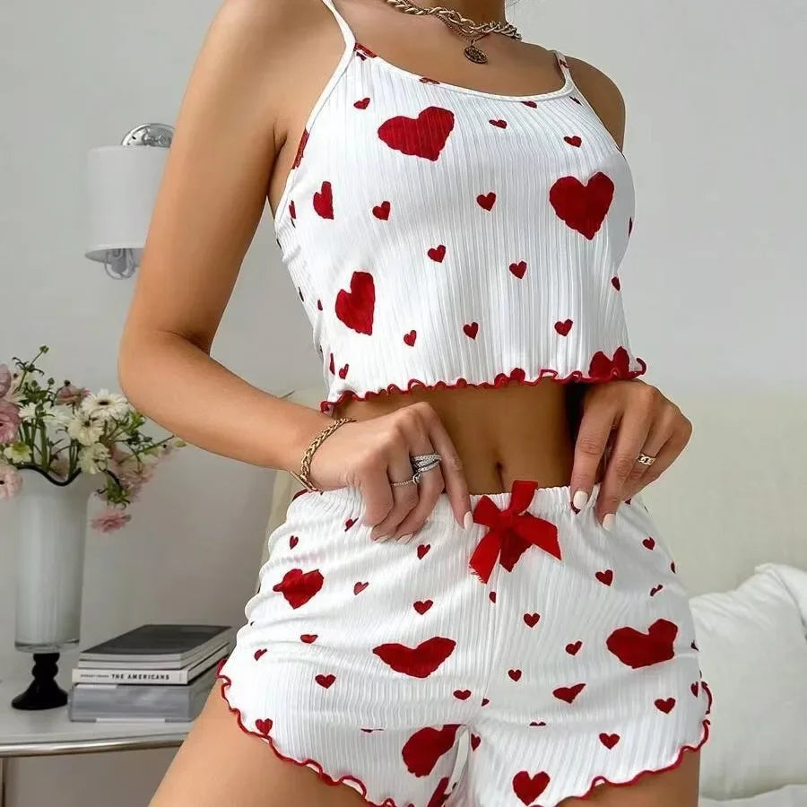 Sweetheart Print Two-Piece Cropped Camisole and Shorts Sleepwear Set with Lettuce Trim