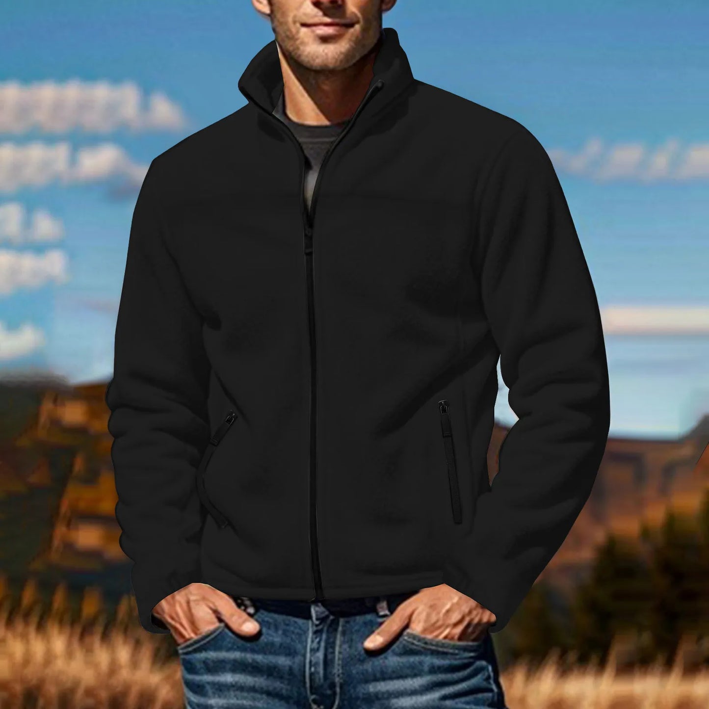 Men's Full Zip Fleece Jacket with Stand Collar for Everyday Outdoor Streetwear Layering