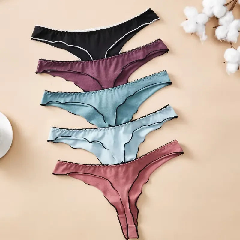 4-Piece Women’s Cotton Low-Rise Thong Panties Set with T-Back Silhouette, Decorative Bow Detail and Assorted Solid Colors