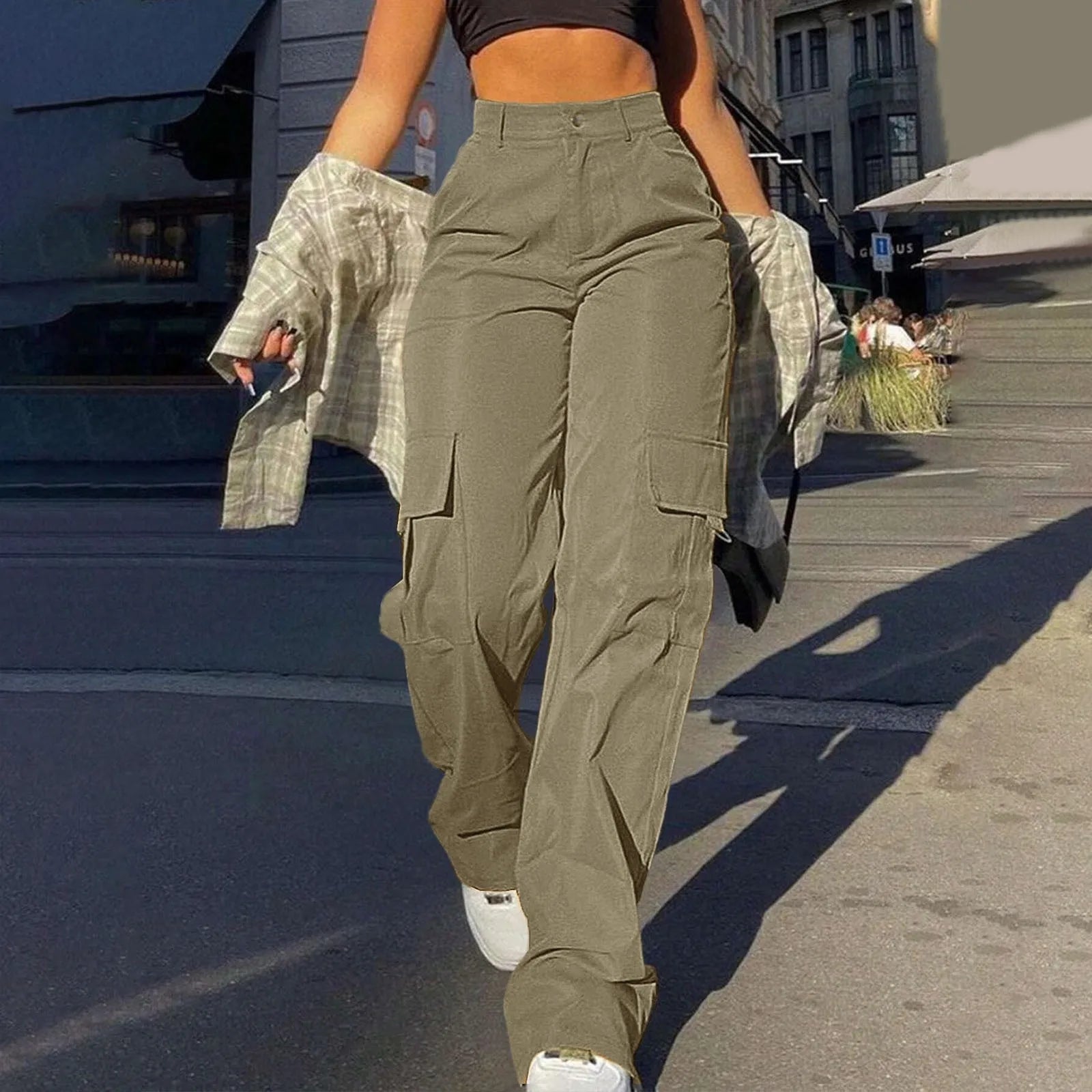 Women's High Waist Wide Leg Utility Trousers with Pocket Casual Streetwear Style