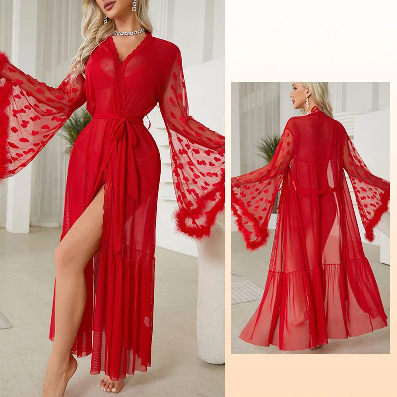 Dramatic Sheer Red Mesh Robe with Flowing Bell Sleeves and Lace Edging