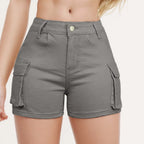 Women's High Waist Denim Style Shorts with Utility Pockets and Structured Everyday Fit