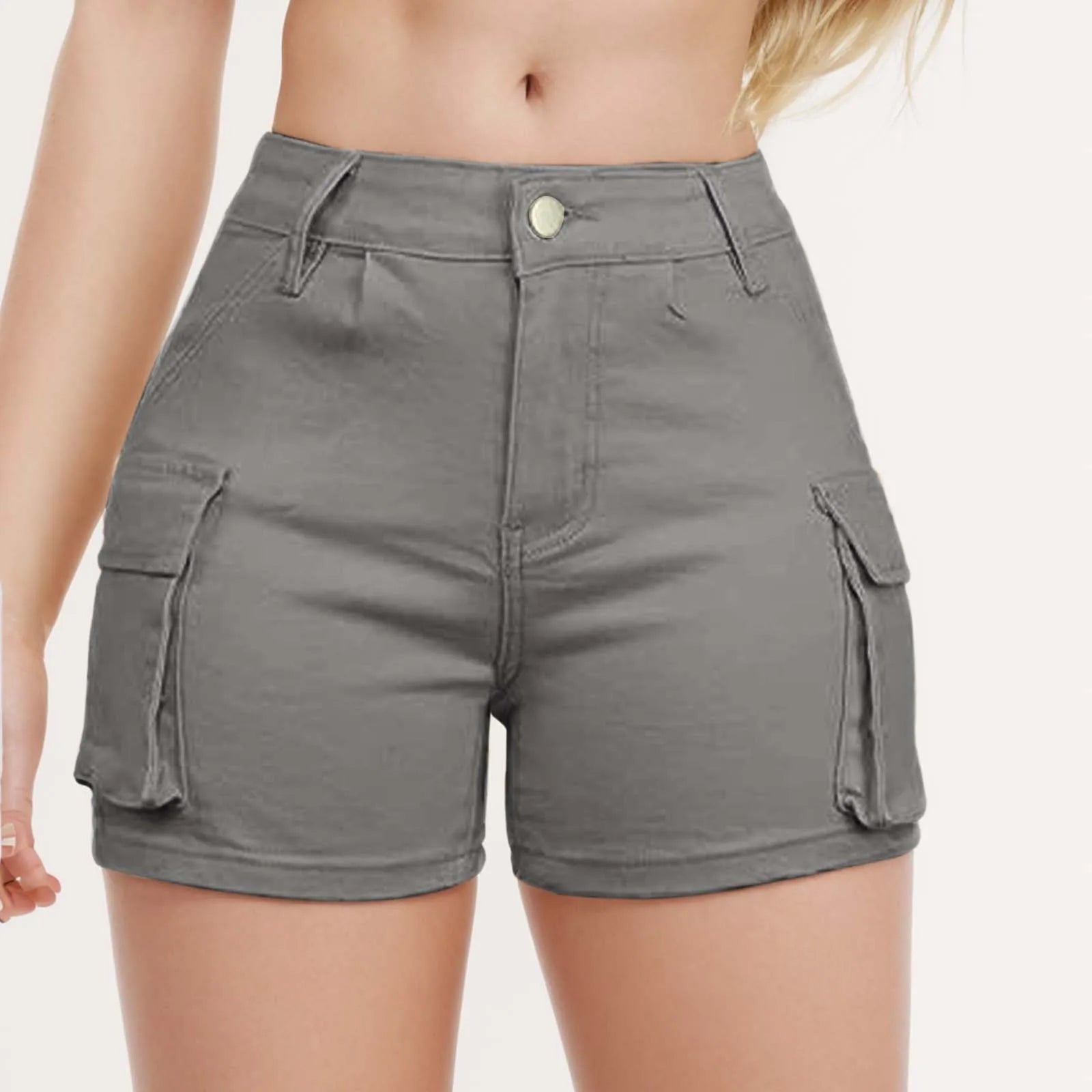 Women's High Waist Denim Style Shorts with Utility Pockets and Structured Everyday Fit