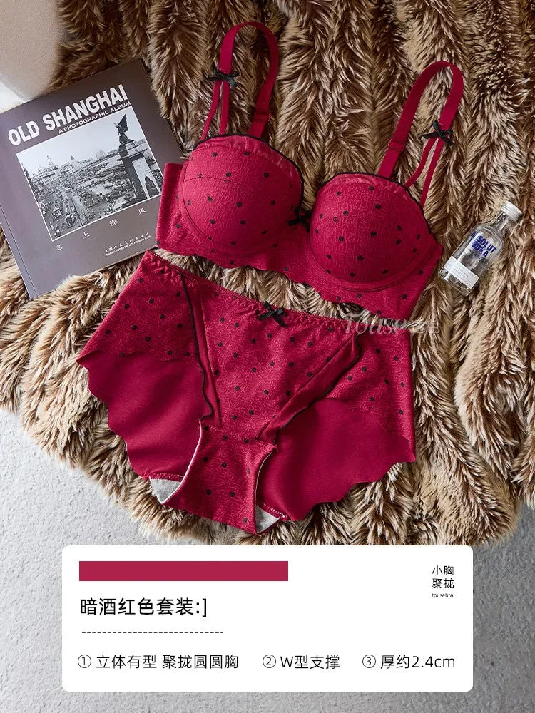 Graphic Dot Print Demi Bra and Matching Contrast-Trim Panty Set