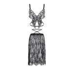 Sheer Black Lace Butterfly Bodice Ensemble with Flowing Midi Skirt
